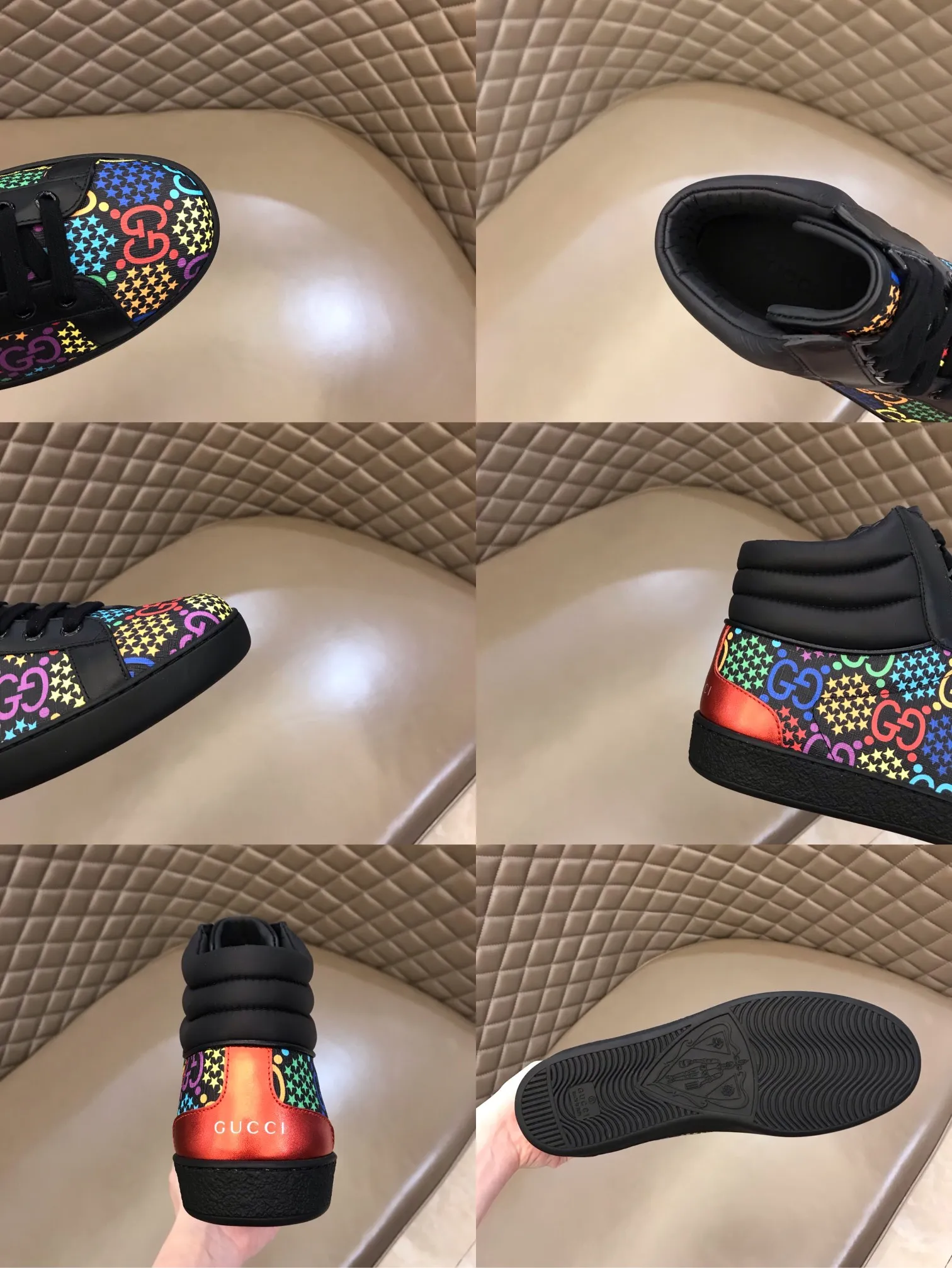 Men's shoes 💰p420 "GUCC*" Couple's style high-top boots are available on the official website. The same style. Counter quality [strong] [strong] Selected Gucci imported waterproof rubber. Gucci's symbolic original webbing. Trendy and versatile style. "Double G" logo styling midsole. Men's shoes 💰pU brand logo feet. Fine workmanship. Upper material. Men's size 38-44, women's size 35-39.